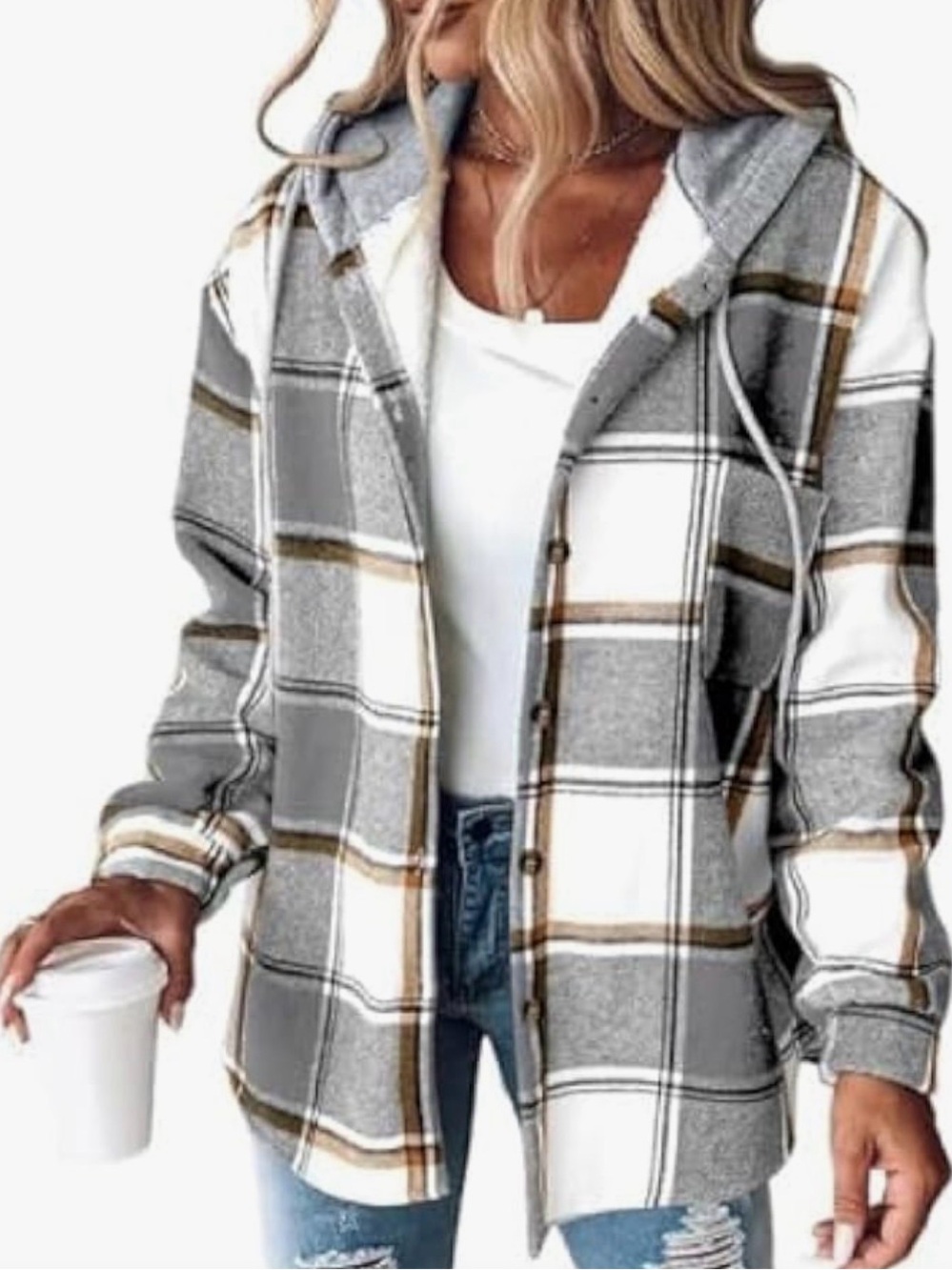 Gray & White Plaid Hooded Button-Up Shirt Jacket